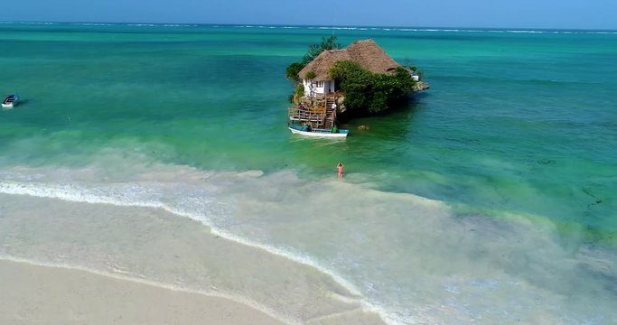 Aerial. Restaurant on rock near Paje village. Zanzibar, Tanzania.