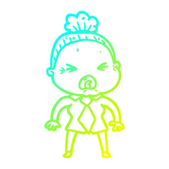 cold gradient line drawing cartoon angry old woman