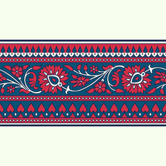Woodblock printed indigo dye seamless ethnic floral border. Traditional oriental ornament of India, meander motif with flowers, red and blue on ecru background. Textile design. - 274944792