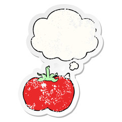 cartoon tomato and thought bubble as a distressed worn sticker