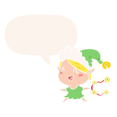 cartoon happy christmas elf and speech bubble in retro style