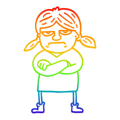rainbow gradient line drawing cartoon grumpy girl