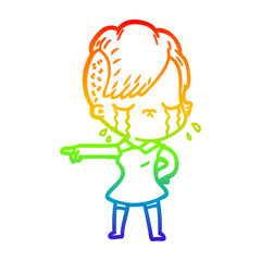 rainbow gradient line drawing cartoon crying girl pointing