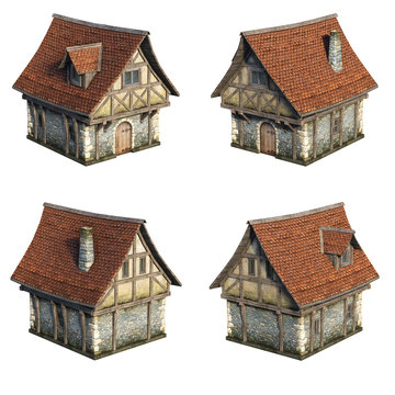 Medieval house set. 3D illustration