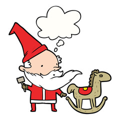 cartoon santa making toy and thought bubble
