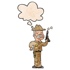 cartoon sheriff and thought bubble in grunge texture pattern style