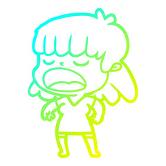 cold gradient line drawing cartoon woman talking loudly