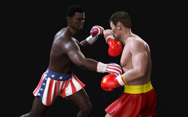 Naklejka na ściany i meble Concept of trade war between USA and China. 3d illustration two boxer fighting US and China flag trading punches for the concept: Trade War.