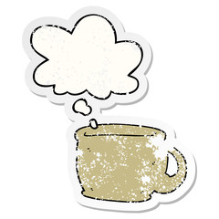 cartoon coffee cup and thought bubble as a distressed worn sticker