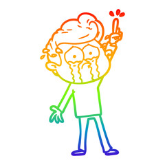 rainbow gradient line drawing cartoon crying man trying to ask a question