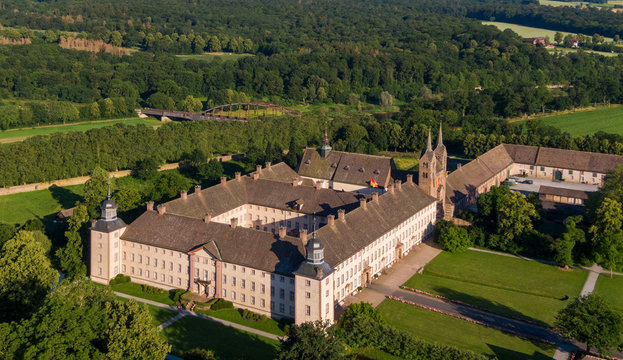 Aerial view of The Princely Abbey of Corvey in North Rhine-Westphalia, Germany