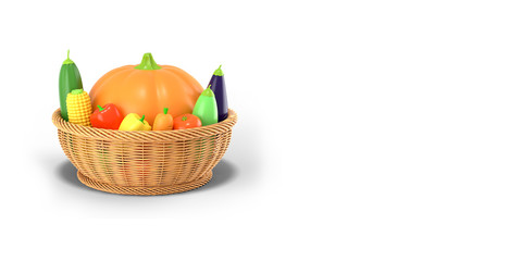 A basket with an autumn harvest of vegetables on a white colored background. Pumpkin, corn, zucchini, eggplant, tomato, pepper in a cartoon style. 3D rendering.
