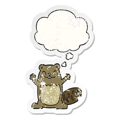 cartoon beaver and thought bubble as a distressed worn sticker