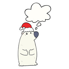 cartoon bear wearing christmas hat and thought bubble