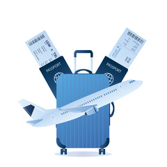 Big suitcase and two passports with boarding pass tickets,modern airplane take off