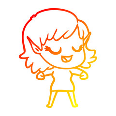 warm gradient line drawing happy cartoon elf girl