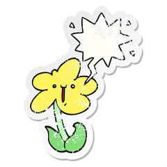 cartoon flower and speech bubble distressed sticker