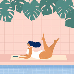Obraz premium Beautiful plump woman in a white bathing suit lies under the leaves of a palm tree. Tan young girl near the pool. Summer vacation in the fresh air. Vector images in a flat style.