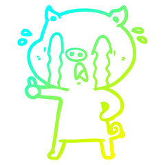 cold gradient line drawing crying pig cartoon