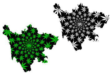 Sichuan Province (Administrative divisions People's Republic of China, PRC) map is designed cannabis leaf green and black, Szechuan or Szechwan map made of marijuana (marihuana,THC) foliage..
