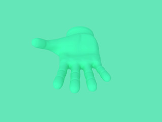 Cartoon open palm. Illustration on green color background. 3D-rendering.