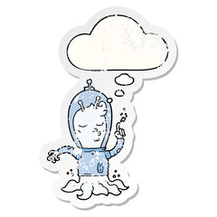 cartoon alien and thought bubble as a distressed worn sticker