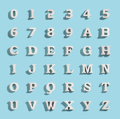 white volume letters and numbers with a shadow on a blue background, the alphabet