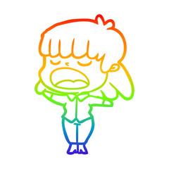 rainbow gradient line drawing cartoon woman talking loudly