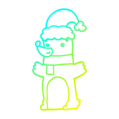 cold gradient line drawing cartoon bear wearing christmas hat