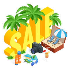 Isometric Summer Sale Promo web banner template, discount offer. Promo badge for your seasonal design. Sale Background.