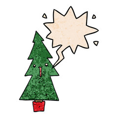 cartoon christmas tree and speech bubble in retro texture style