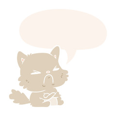 cute cartoon angry cat and speech bubble in retro style