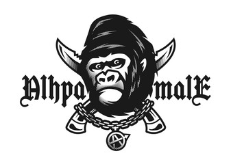 Alpha male. Angry gorilla and crossed knives. Vector illustration.