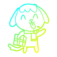 cold gradient line drawing cute cartoon dog with christmas present