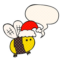 cute cartoon bee wearing christmas hat and speech bubble in comic book style