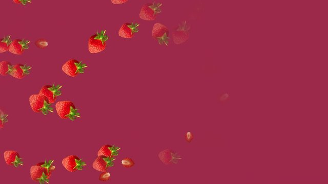 Strawberries falling against coloured background with copy space