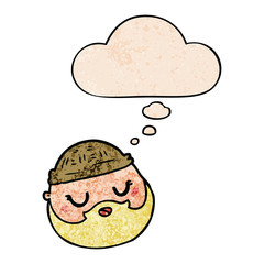 cartoon male face with beard and thought bubble in grunge texture pattern style