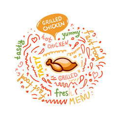 Colorfull vector illustration with grilled chicken, doodles and lettering.