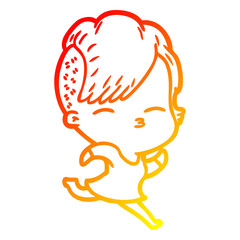warm gradient line drawing cartoon squinting girl running