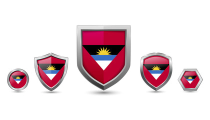 Set of Antigua and barbuda country flag with metal shape shield badge