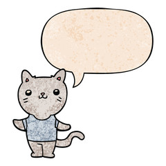 cartoon cat and speech bubble in retro texture style