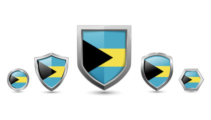 Set of Bahamas country flag with metal shape shield badge
