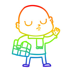 rainbow gradient line drawing cartoon bald man with xmas gift