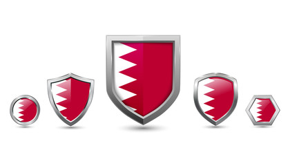 set of Bahrain country flag with metal shape shield badge