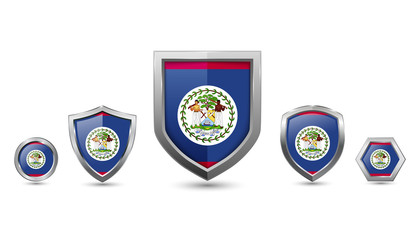 set of belize country flag with metal shape shield badge