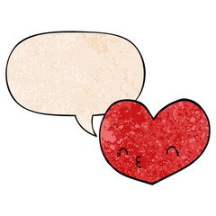 cartoon heart and face and speech bubble in retro texture style