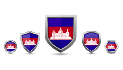 set of Cambodia country flag with metal shape shield badge