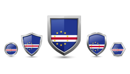set of cape verde country flag with metal shape shield badge