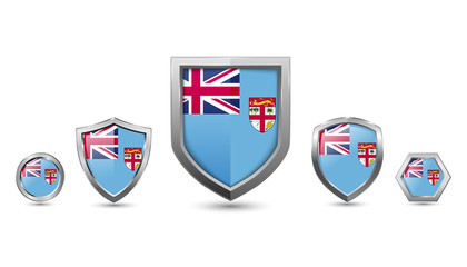 set of fiji country flag with metal shape shield badge