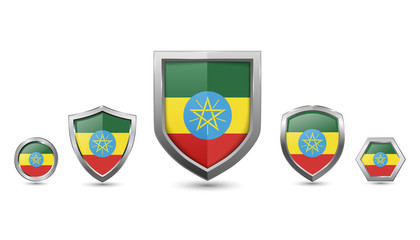 set of ethiopia country flag with metal shape shield badge